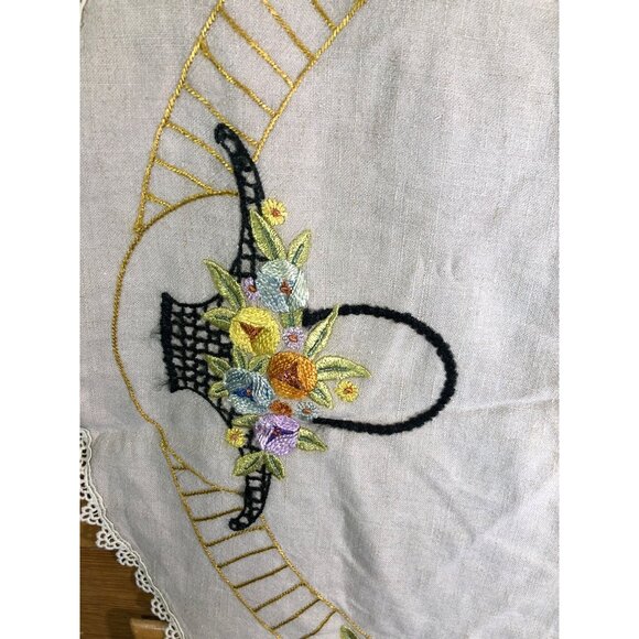 Vintage Table Center Piece Hand-Embroidered Linen Topper Floral Basket Lace Edge - Picture 7 of 14